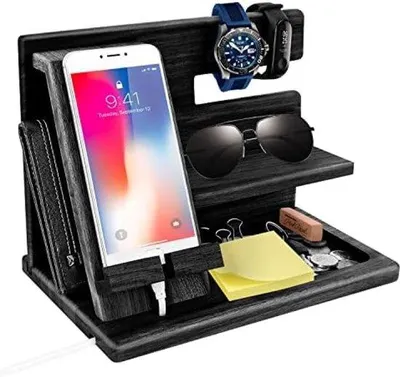 Productafbeelding van Famanu Dockingstation Organizer voor mannen - Houten nachtkastjesset