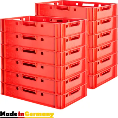 Produktbild von 12 Stück E1 Fleischkisten Rot Kisten Eurobox Lebensmittelecht Metzgerkiste Box Aufbewahrungsbox Kunststoff Wanne Plastik Stapelbar Lagerkisten 60 x 40 Kingpower