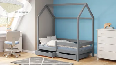 Produktbild von Hausbett Melania 200x90 Kinderbett mit Rausfallschutz & Lattenrost naturbelassen 90 x 200 für Mädchen und Jungen Massivholz Kiefer, mit Matratze und Schubladen