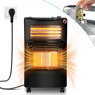 Zdjęcie produktu dla Hybrydowy promiennik gazowy Jopassy 4200W z zestawem regulatorów ciśnienia gazu - grzałka elektryczna piec gazowy na podczerwień, promiennik gazowy, butle gazowe na butan i propan oraz przyłącze zasilania