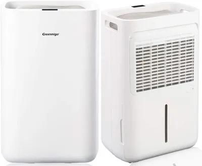 A white dehumidifier is shown from two angles against a white background.