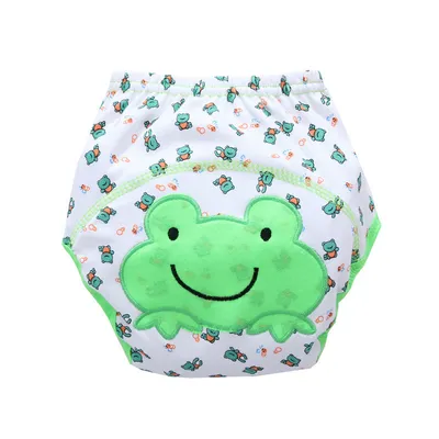 A baby training pant with a frog design.