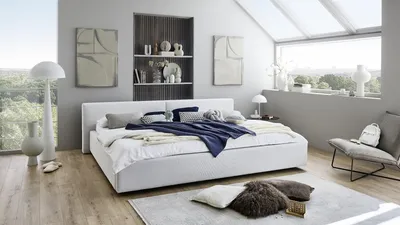 Produktbild von Meise Möbel Stauraumbett Cube 240x200 cm | Bettkasten & Lattenrost | Webstoff Cement | Holzfuß schwarz