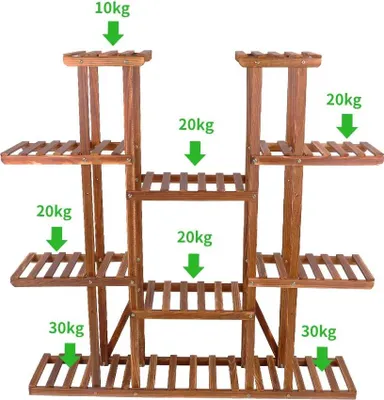 Image de Support à plantes en bois - Étagère à fleurs à 11 niveaux - Largeurs étagères - Pour l'intérieur et l'extérieur - Bois carbonisé - Marron