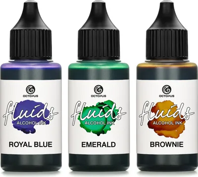 Produktbild von 3x 30ml Octopus Fluids Alcohol Ink Set ROYAL BLUE, EMERALD, BROWNIE Alkoholtinte für Fluid Art und Resin