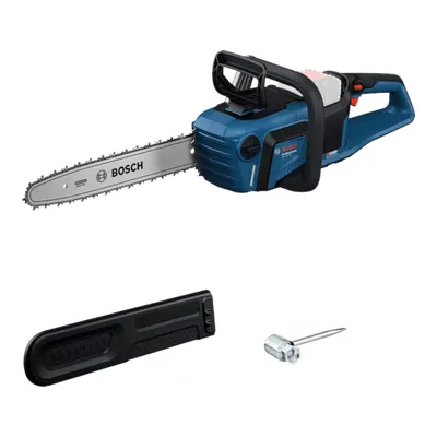 A Bosch GKE18V-40 Professional Akku Kettensäge 18 V 40 cm Brushless with accessories on a white background.