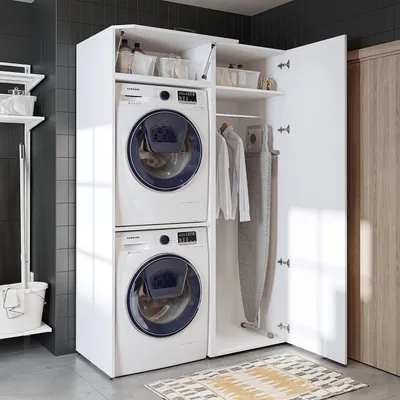 Immagine prodotto di Roomart DUO Mobile per lavatrice con asciugatrice sopra la lavatrice • Larghezza 127 cm • Bianco, rovere Mobile per lavatrice