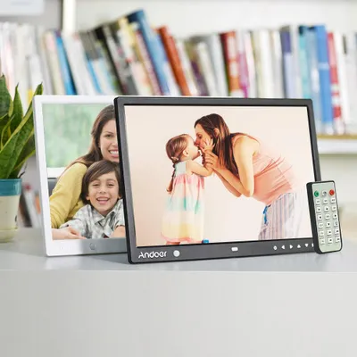Obrázek produktu pro 15palcový digitální fotorámeček s velkým LED displejem – stolní album, rozlišení 1280 × 800 HD, funkce přehrávání hudby, videa a elektronických knih, hodiny a kalendář, senzor detekce pohybu, dotykové ovládání