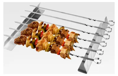 Produktbild von Edelstahl Grillspieße Set für Schaschlik, 6 Stück mit Halterung und Tragetasche für Outdoor BBQ