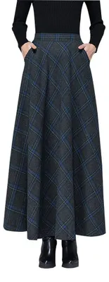 Produktbild von Karierter Damenrock Faltenrock - Lang - Hohe Taille - Größe S bis 3XL - Warm aus Wolle
