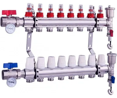 Produktbild von Heizkreisverteiler mit Kugelhähnen und Thermometer für 8 Kreise