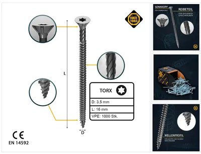 Zdjęcie produktu dla FORTE Tools uniwersalny wkręt do drewna 3,5 x 16 mm T15 1000 szt. ( 2x 000040113860 ) srebrny ocynkowany Torx łeb stożkowy pełny gwint