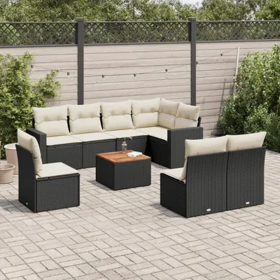 Produktbild von Design 9-tlg. Garten-Sofagarnitur mit Kissen Schwarz Poly Rattan, Gartenmöbel-Sets 2024 Neu