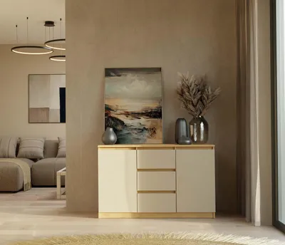 Immagine prodotto di Cassettiera ampia con cassetti e ante ELBE - rovere artigianale / cashmere