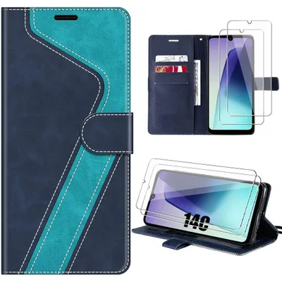 Image de Coque + 2 Verres Trempés pour Xiaomi Redmi 14C, Anti-Rayures Antichoc Cuir Synthétique Bleu