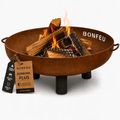 Produktbild von BonFeu BonBowl Plus Feuerschale 80 cm - Feuerschalen für den Garten - Feuerstelle Outdoor & Feuertonne - Feuerschale mit opt. Grillrost aus hochwertigem Cortenstahl - Feuerkorb für den Garten - 80x80x23.5cm