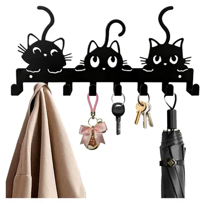 Produktbild von Schlüsselbrett aus Metall mit Katzenkunstmuster, Hakenleiste mit 8 Haken, Schlüsselhalter für Eingang, Flur, Schlafzimmer, Küche (Schwarz)