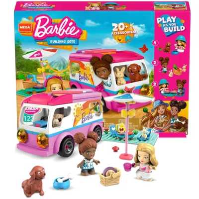 Image de Mattel, Mega Barbie Aventure dans le camping-car de rêve avec 2 mini-poupées et accessoires, Coloré