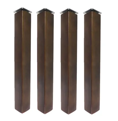 Four wooden table legs with silver caps on a white background.