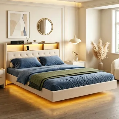 Produktbild von BEALIFE Polsterbett 160x200 cm mit Lattenrost | Geräuscharmes Schwebebett, Kopfteil mit Ablage | Beige/Dunkelgrau | AF19