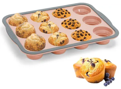 Zdjęcie produktu dla Forma do muffinek silikonowa, 12-komorowa, z metalową ramką, różowa, z powłoką nieprzywierającą, wolna od BPA