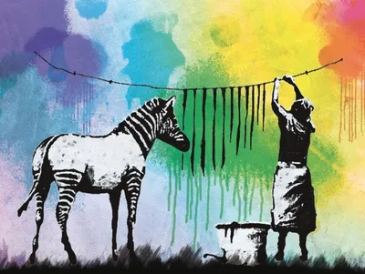 Zdjęcie produktu dla Banksy Pictures Canvas Picture On Stretcher Frame | XXL-Wall Picture Poster Art Print As Canvas Picture - Zebra Stripes Washing Day (60 x 80 cm)