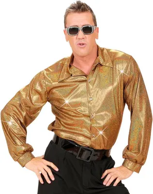 A man wearing a gold disco shirt and sunglasses.