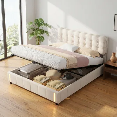 Image de Lit rembourré INONEFT 140x200 cm avec espace de rangement et éclairage LED, lit à lattes double, lit pour adolescents avec espace de rangement, en velours, couleur beige