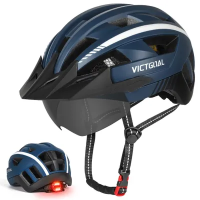 Immagine prodotto di Casco da bicicletta VICTGOAL con visiera, luci posteriori a LED e occhiali, adatto sia per uomo che per donna