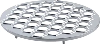 A round, metal ravioli maker with 37 hexagonal indentations.
