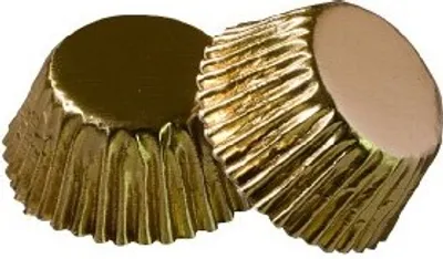Two gold-colored cupcake liners are shown against a white background.