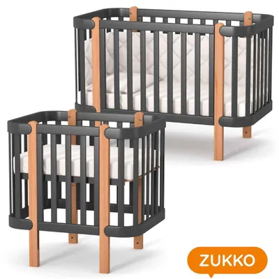 Obrázek produktu pro Dětská postýlka přístavná k posteli Zukko Gekko. Rostoucí - Kolébka a postýlka 2v1. Tmavě šedá / Přírodní buk.