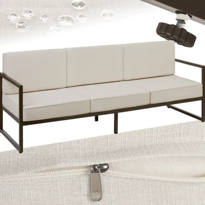 A collage showing a cream-colored outdoor sofa with a brown frame, and a close-up of the fabric with water droplets, and a close-up of a zipper.