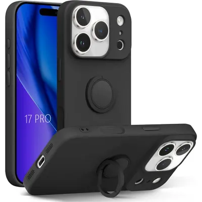 Image de Coque pour iPhone 17 Pro, Protection Silicone Liquide Antichoc avec Anneau Rotatif Noir