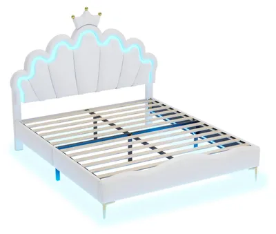 Obrázok produktu pre Detská postel – Jednolôžková posteľ s čalúnením, 140 x 200 cm – LED osvetlenie – Posteľ v štýle princeznej – Drevený rám – Nastaviteľná opierka hlavy – Biela