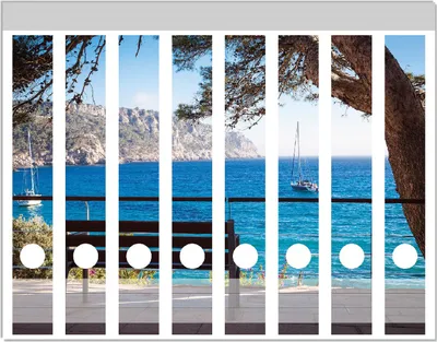 Produktbild von Wallario Ordnerrücken Sticker, selbstklebend für schmale Ordner, 8 Stück, Motiv Einsame Bank am Meer - Spanien im Sommer