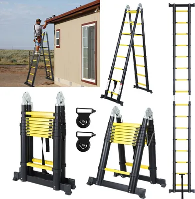 Produktbild von Jopassy Teleskopleiter Ausziehleiter Klappleiter Stabil Aluminium Stehleiter 2,5m+2,5m schwarz+gelb ohne haken Mit Stabilisator Mit Rädern