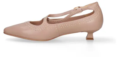 Produktbild von Schwarze Pumps aus Leder mit niedrigem Absatz und Nieten. Elegante Mary Jane-Schuhe mit Riemchen über den Fuß