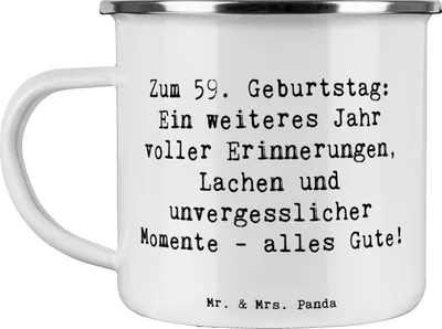 Produktbild von Mr. & Mrs. Panda Teetasse Spruch 59. Geburtstag - Weiß - Geschenk, Kaffeepott, Liebe, 59 Jahre, Happy Birthday, Geburtstagsgeschenk, Feiern, Tasse Emaille, Teebecher