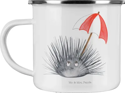 Produktbild von Mr. & Mrs. Panda Teetasse Seeigel - Weiß - Geschenk, Teebecher, Hier und Jetzt, Emaille Tasse, Lebe, Kaffeepott, Selbstliebe, Pott, Achtsamkeit, Leben, Haferl, Meer