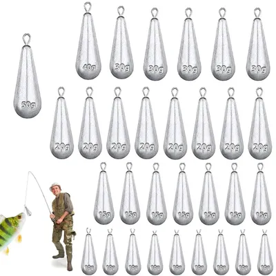 Produktbild von Angelblei - 30 Stück - Laufblei und Tropfenblei - 10/15/20/30/40/50 g - Angelgewichte - Für Süß- und Salzwasser - Wiederverwendbar - Angelzubehör