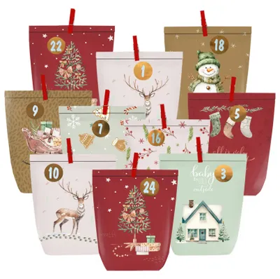 Adventskalender zum Befüllen, 24 Papierbeutel mit Zahlenstickern