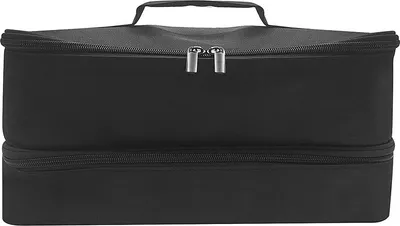A black storage bag with two zippered compartments and a handle on top.