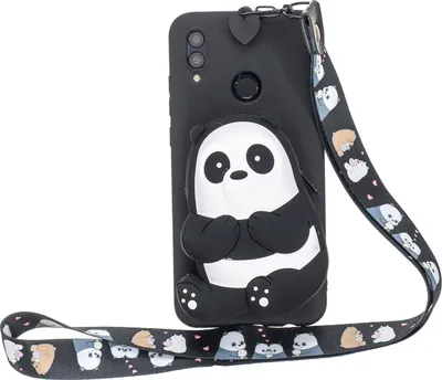 Produktbild von Für HUAWEI Y6 2019 Y7 Y9 Cartoon Full Protective TPU Handyhülle mit Mini Coin Purse+Cartoon Hängende Lanyard 5 schwarz gestreifte Bären