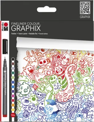 Produktbild von Marabu Graphix, Schwarz, Blau, Braun, Grün, Hellblau, Limette, Orange, Pink, Rot, Violett, Gelb, Rund, Tinte auf Wasserbasis, 0,5 mm, 12 Stück(e)