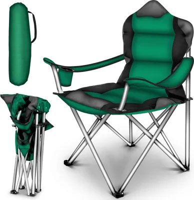 Produktbild von TRESKO Campingstuhl Grün faltbar bis 150 kg | Angelstuhl Faltstuhl Klappstuhl mit Armlehnen und Getränkehalter