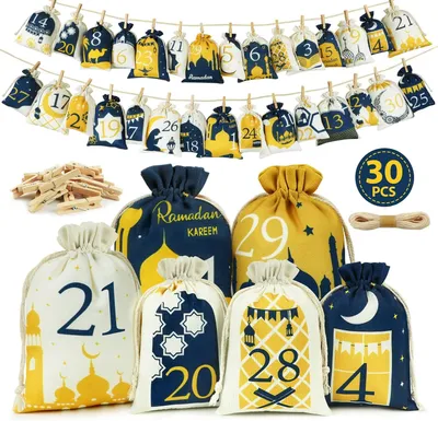 Image de Calendrier du Ramadan 2026 - 30 calendriers du Ramadan à remplir - Tissu - 2 tailles. Sacs de calendrier de l'Aïd pour enfants