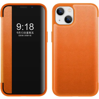 Obrázek produktu pro Pouzdro pro iPhone 14 tenkéPolyuretankožené klopové pouzdro s okénkem pro zobrazení Pomerančový
