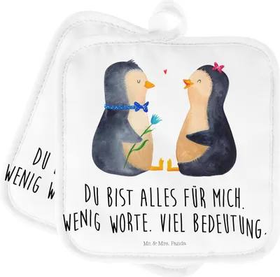 Produktbild von Mr. & Mrs. Panda Topflappen Pinguin Pärchen - Weiß - Geschenk, Hochzeit, topfhalter, Set, Liebe, glücklich, Hochzeitstag, Topfuntersetzer, Ofenlappen, Kochlappen
