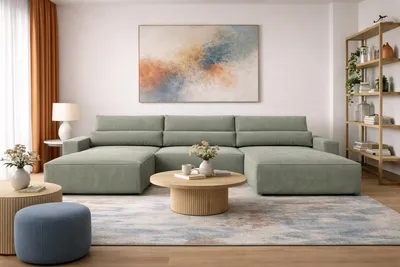 Produktbild von MOEBLO Wohnlandschaft DENVER U – Eckcouch aus Cordstoff Ecksofa U-Form Cord Sofa Couch Polsterecke U-Sofa mit Bettkasten und Schlaffunktion (BxHxT): 410x85x200 cmDenver U - Poso 47 Mintgrün